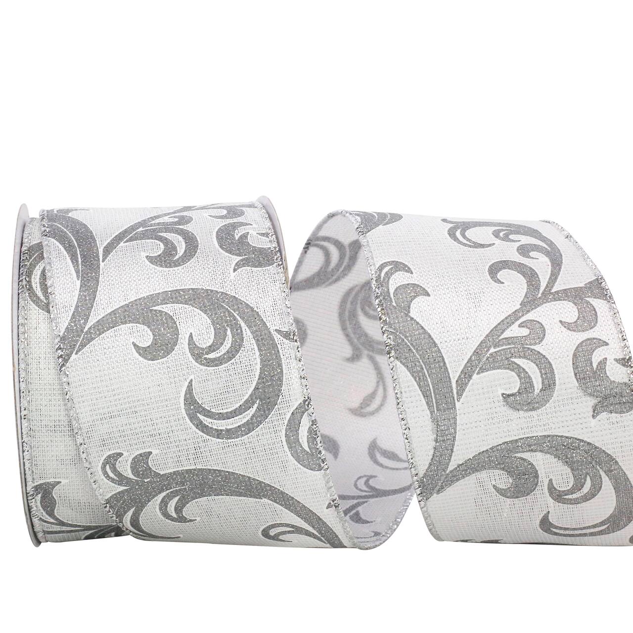 JAM Paper 2.5" x 10yd. White & Silver Scroll Wired Woven Ribbon